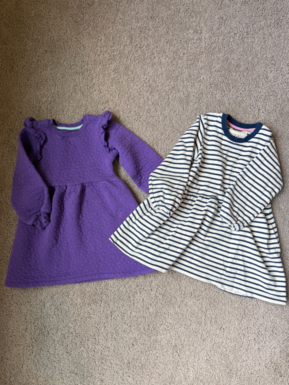Mini Boden Purple Quilted Ruffle-Shoulder Dress & Navy-Striped Knit Dress Bundle